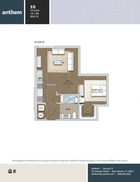 Floor plan for studio, 1 bath, 606 sqft
